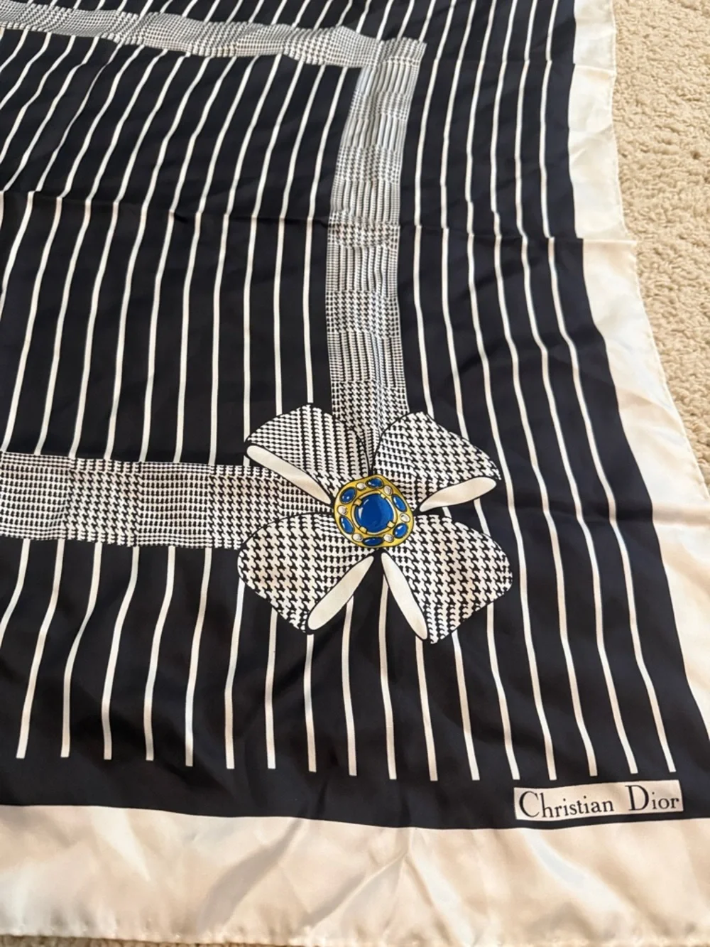 Dior Cream and Navy Silk Scarf with Branded Tag